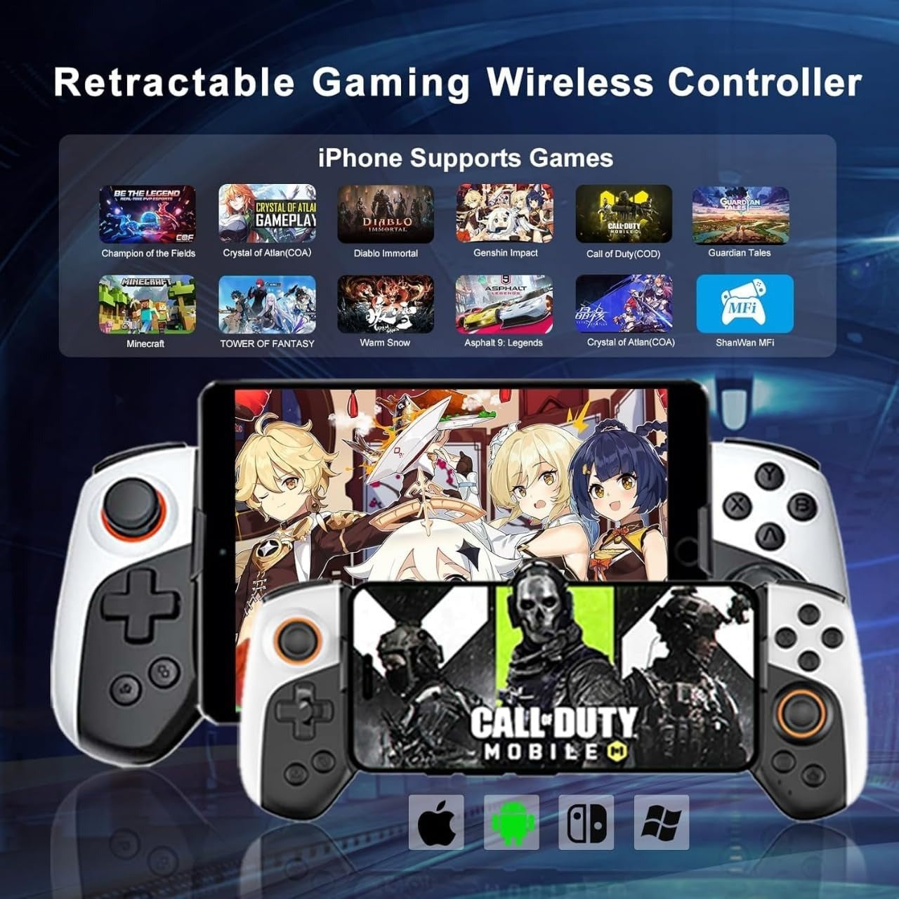 Cell Phone Game Controller Wireless Gaming Controller for iPhone Android PC Switch, Retractable Controller forApple Arcade MFi Games