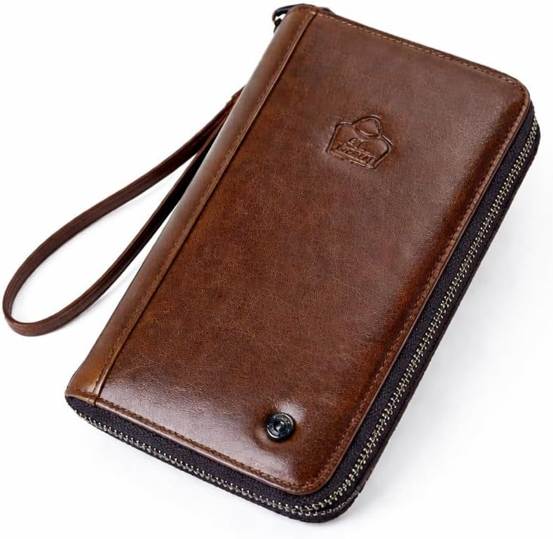 Genuine Leather Double Zip Around Wallet – Large Capacity RFID Blocking Wristlet Wallet for Men & Women, Multi-Card Organizer with Coin Pocket and Phone Compartment