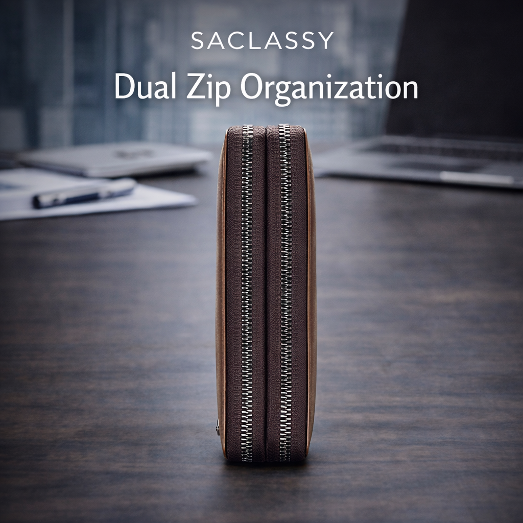 SACLASSY Genuine Leather Double Zip Wallet – Premium Large Capacity Wristlet Organizer for Men & Women, Multi-Card Holder with Cash Compartments, Phone Pocket and Coin Zipper