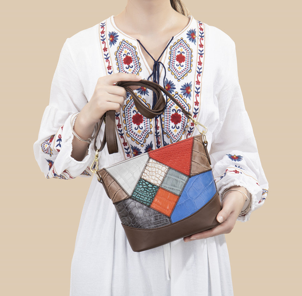 SACLASSY Genuine Leather Handmade Colorful Patchwork Shoulder Bag 7720