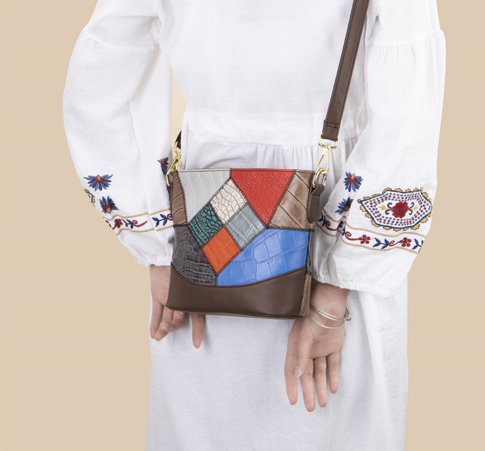 SACLASSY Genuine Leather Handmade Colorful Patchwork Shoulder Bag 7720