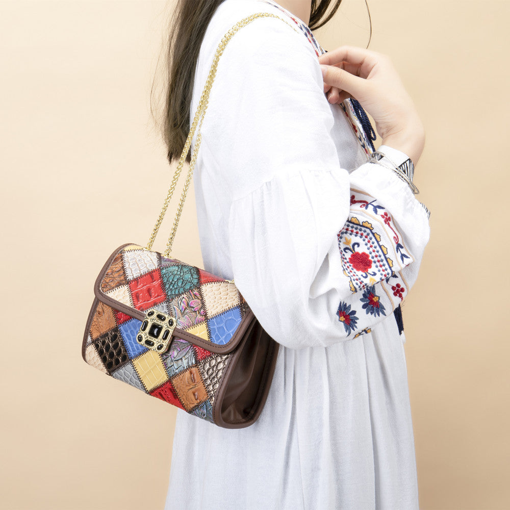 SACLASSY Women's Genuine Leather Handmade Colorful Patchwork Clutch Bag 7713