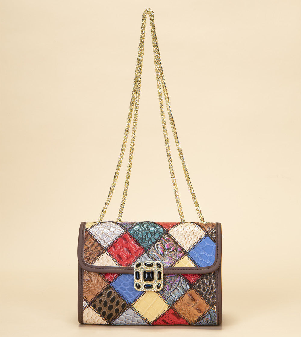 SACLASSY Women's Genuine Leather Handmade Colorful Patchwork Clutch Bag 7713