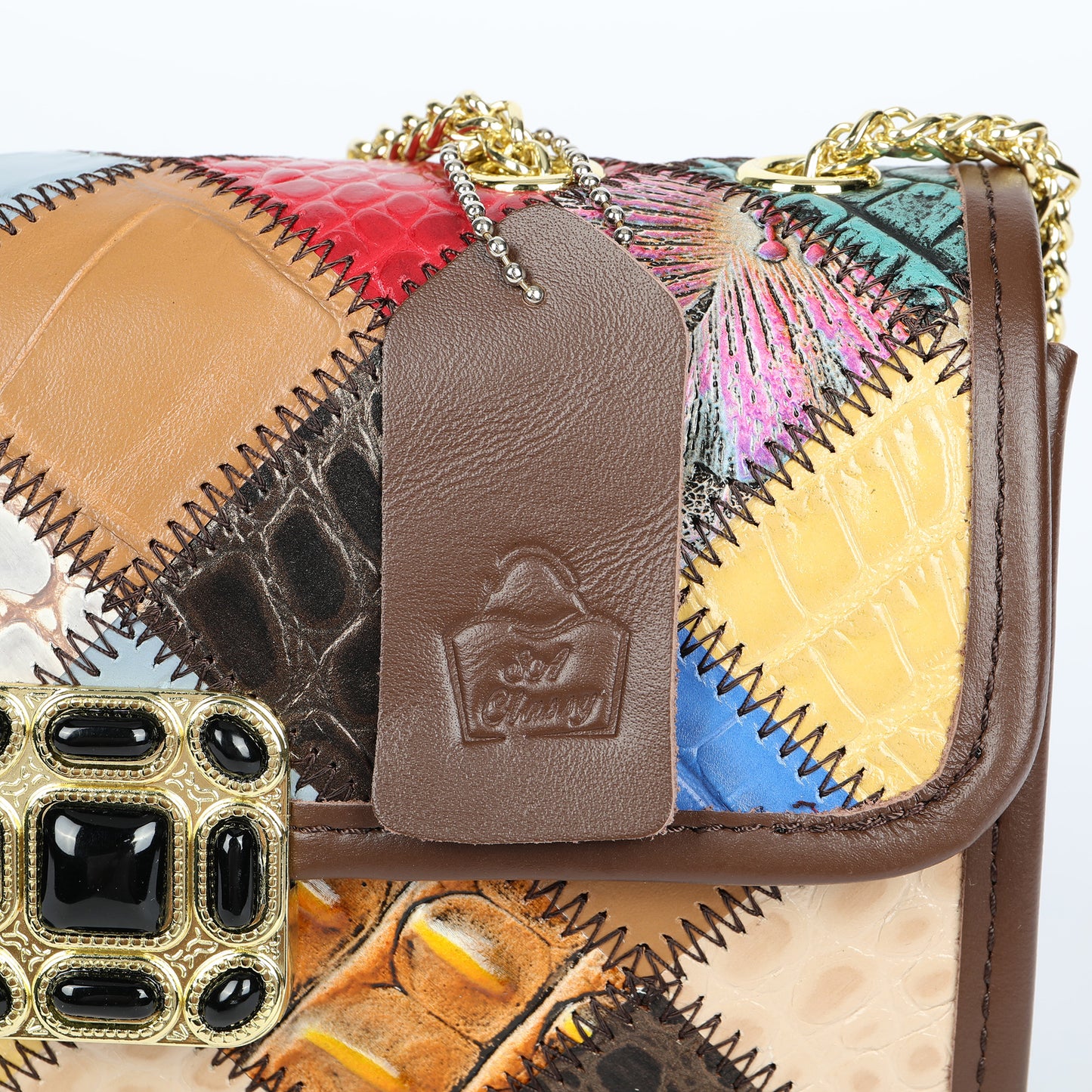 SACLASSY Women's Genuine Leather Handmade Colorful Patchwork Clutch Bag 7713