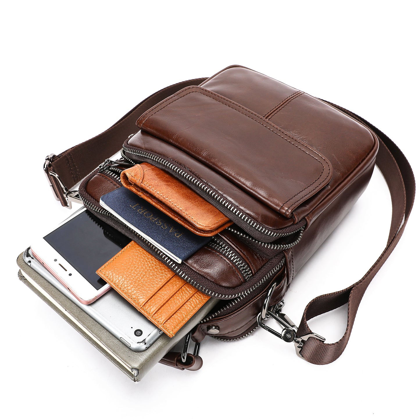 SACLASSY Genuine Leather Crossbody Bag for Men – Compact Shoulder Messenger Bag with Multiple Pockets, Adjustable Strap & Top Handle, Premium Everyday Travel Bag - 6266