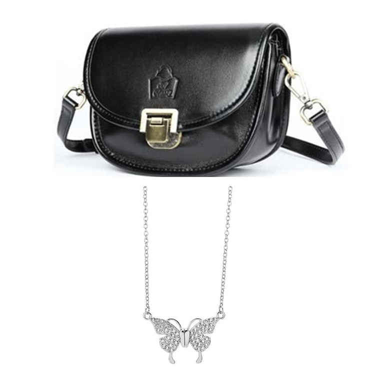 SACLASSY Women's Genuine Leather Bowler Crossbody Shopper Bag with Butterfly Necklace