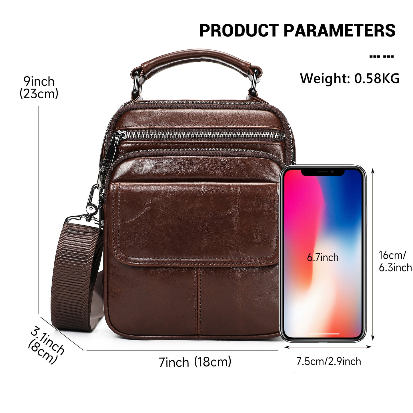 SACLASSY Genuine Leather Crossbody Bag for Men – Compact Shoulder Messenger Bag with Multiple Pockets, Adjustable Strap & Top Handle, Premium Everyday Travel Bag - 6266
