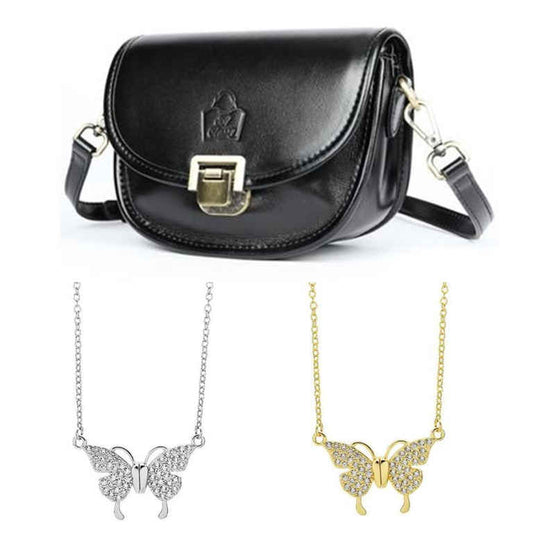 SACLASSY Women's Genuine Leather Bowler Crossbody Shopper Bag with Butterfly Necklace