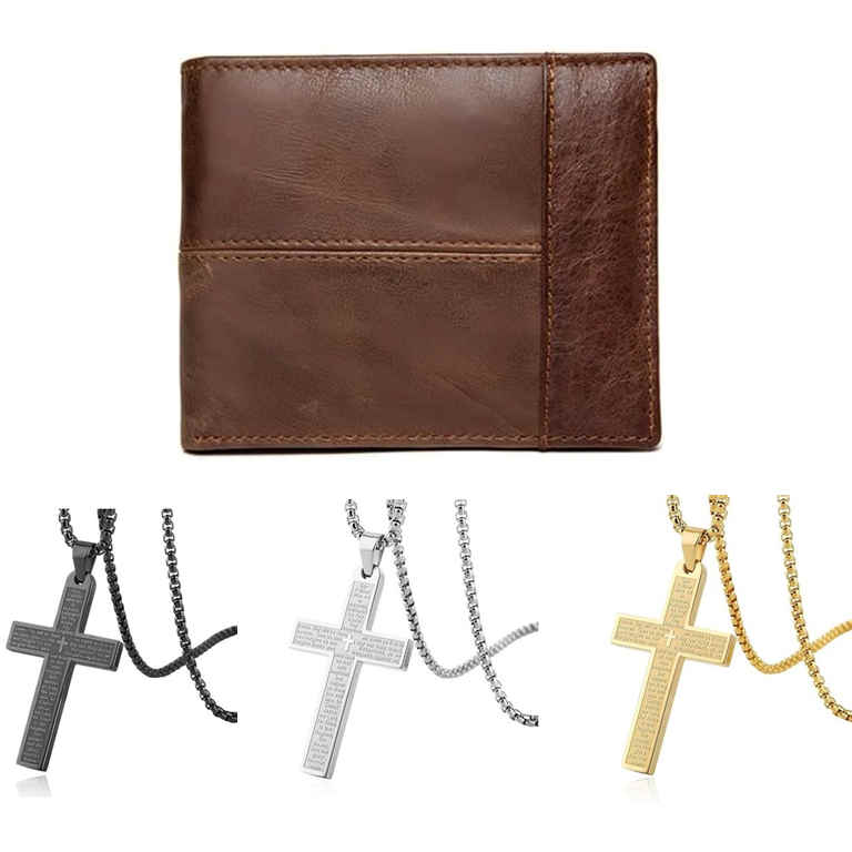 Men's Gift Set: Cross Necklace with Genuine Leather Wallet