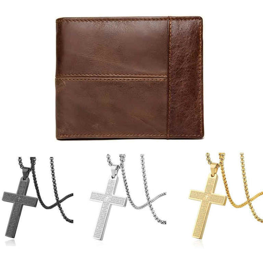 Men's Gift Set: Cross Necklace with Genuine Leather Wallet