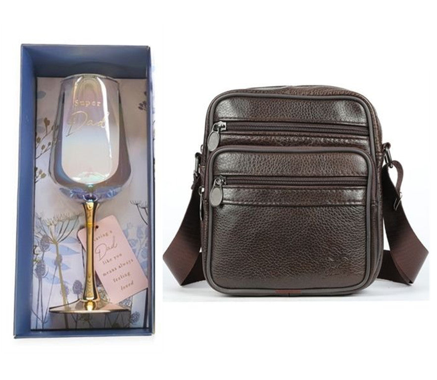 How about this title: Men's Premium Gift Set: Genuine Leather Crossbody Bag T500 with Exquisite Whiskey Glass Gift Set