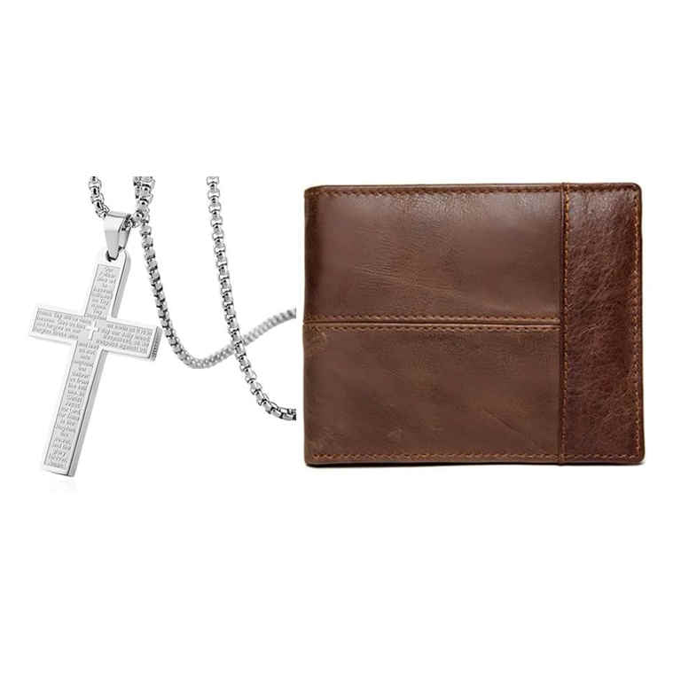 Men's Gift Set: Cross Necklace with Genuine Leather Wallet