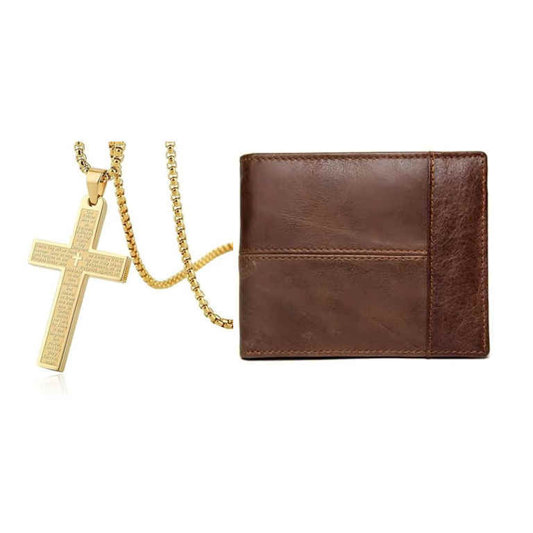 Men's Gift Set: Cross Necklace with Genuine Leather Wallet