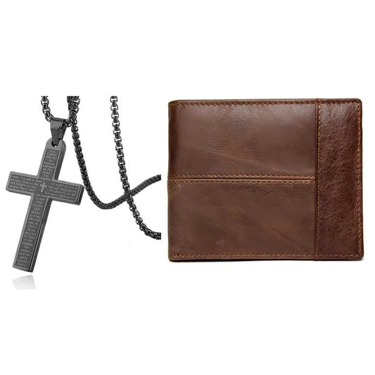 Men's Gift Set: Cross Necklace with Genuine Leather Wallet