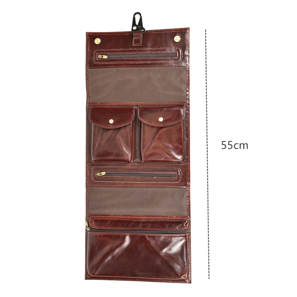 SACLASSY Genuine Leather Hanging Toiletry Bag Travel Organizer with Multiple Pockets and Hook for Men and Women 3340