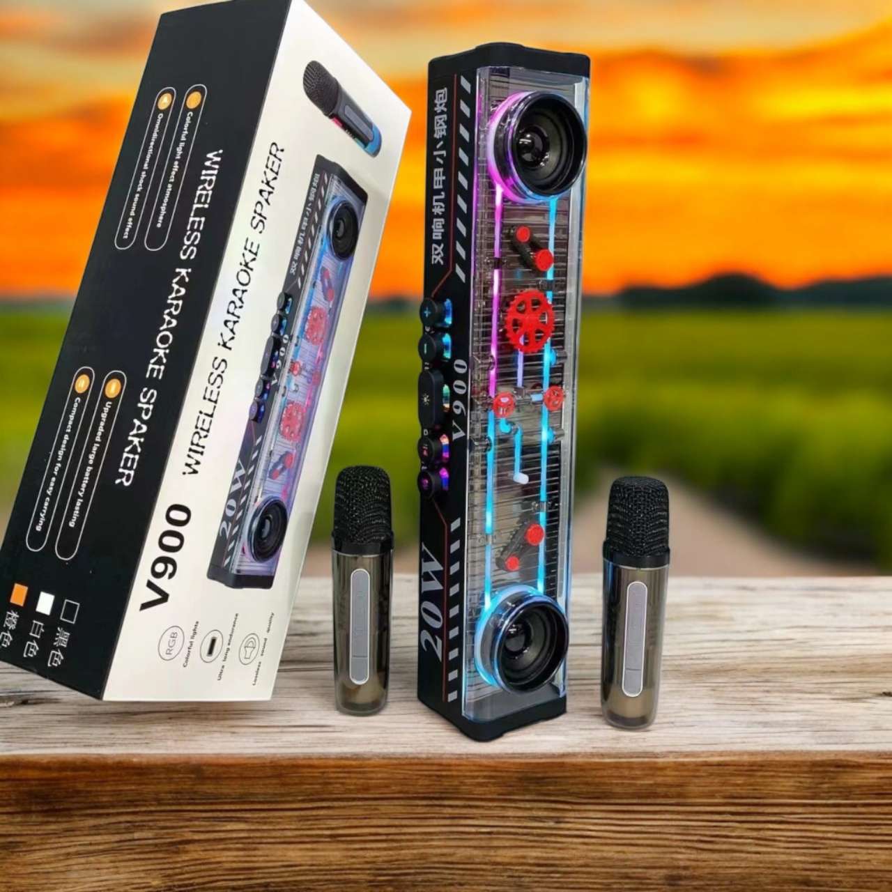 RGB Karaoke Bluetooth Speaker Sound Bar Wireless Mic HIFI Sound Transparent Audio with LED Light