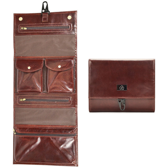 SACLASSY Genuine Leather Hanging Toiletry Bag Travel Organizer with Multiple Pockets and Hook for Men and Women 3340