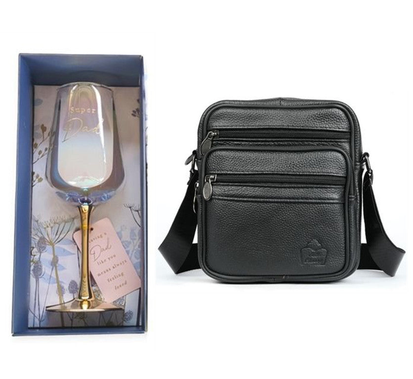 How about this title: Men's Premium Gift Set: Genuine Leather Crossbody Bag T500 with Exquisite Whiskey Glass Gift Set