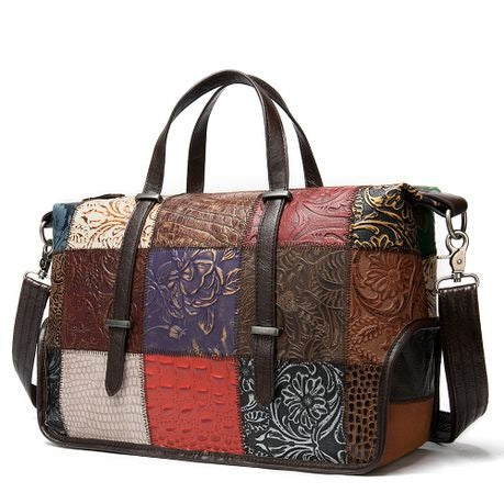 Women's Genuine Leather Vintage style Colorful Woven Patch Shoulder Bag 090