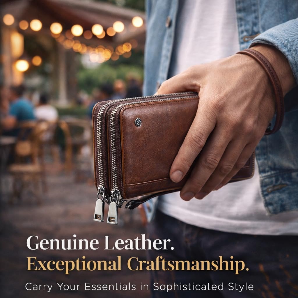 Genuine Leather Double Zip Around Wallet – Large Capacity RFID Blocking Wristlet Wallet for Men & Women, Multi-Card Organizer with Coin Pocket and Phone Compartment