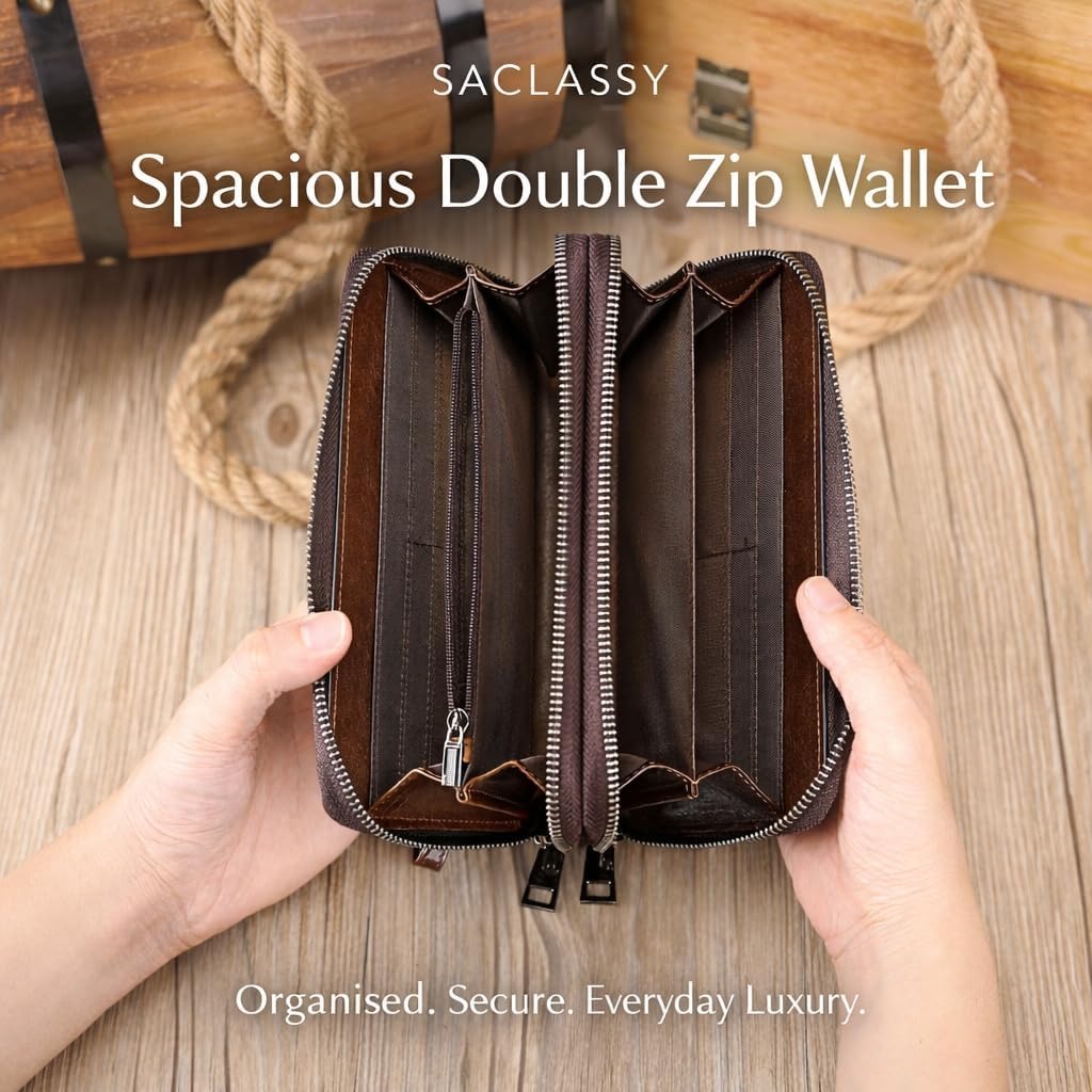 Genuine Leather Double Zip Around Wallet – Large Capacity RFID Blocking Wristlet Wallet for Men & Women, Multi-Card Organizer with Coin Pocket and Phone Compartment