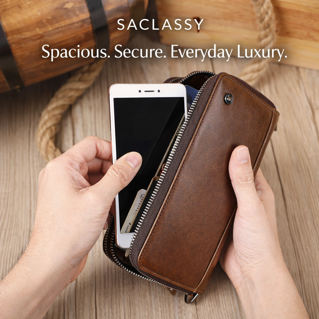 SACLASSY Genuine Leather Double Zip Wallet – Premium Large Capacity Wristlet Organizer for Men & Women, Multi-Card Holder with Cash Compartments, Phone Pocket and Coin Zipper
