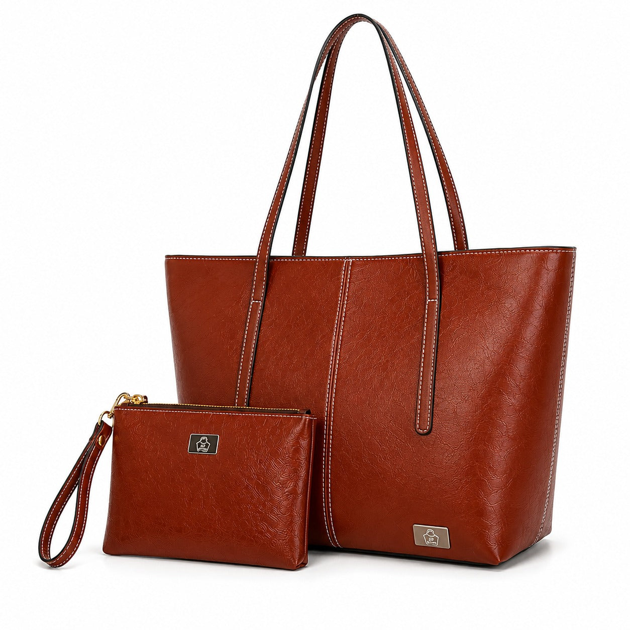 SACLASSY Premium Genuine Leather Shoulder Tote Bag with Wristlet Pouch 2PCS Set - Brown