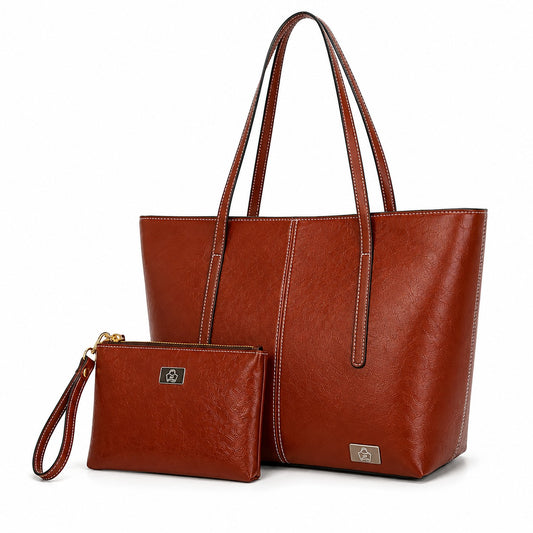 SACLASSY Premium Genuine Leather Shoulder Tote Bag with Wristlet Pouch 2PCS Set - Brown