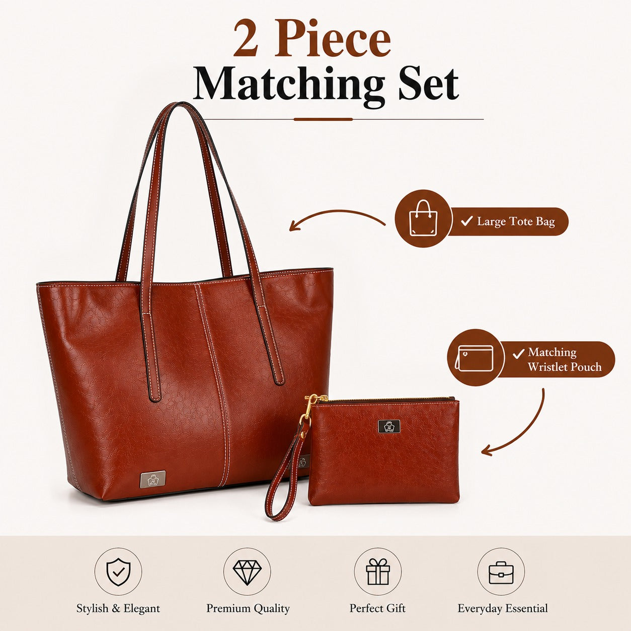 SACLASSY Premium Genuine Leather Shoulder Tote Bag with Wristlet Pouch 2PCS Set - Brown