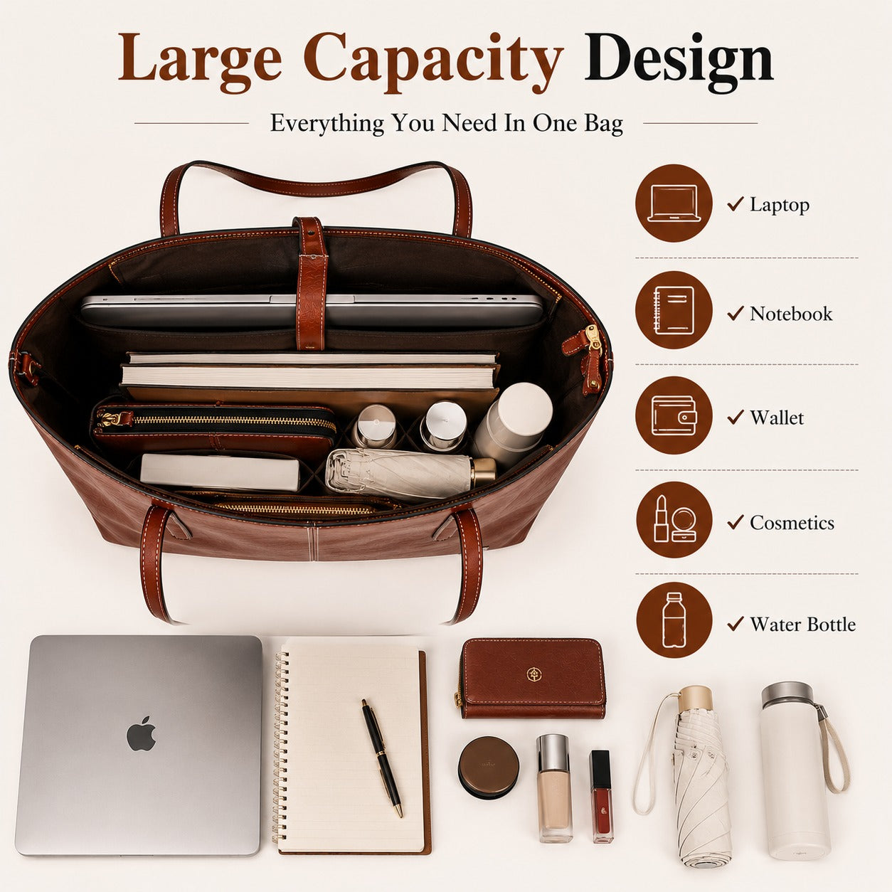 SACLASSY Premium Genuine Leather Shoulder Tote Bag with Wristlet Pouch 2PCS Set - Brown