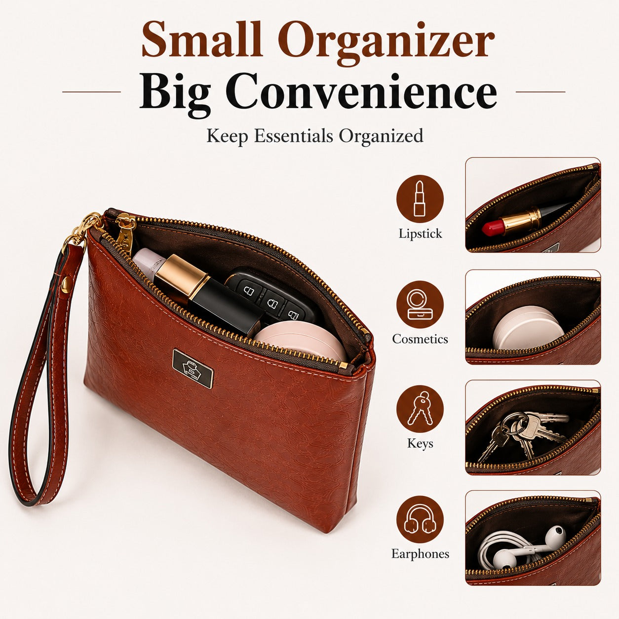 SACLASSY Premium Genuine Leather Shoulder Tote Bag with Wristlet Pouch 2PCS Set - Brown