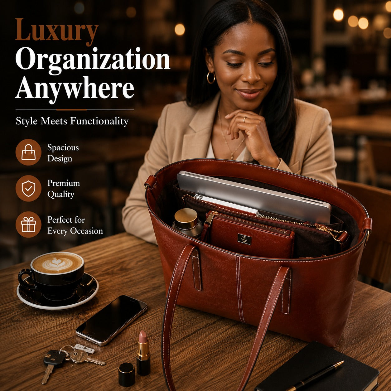 SACLASSY Premium Genuine Leather Shoulder Tote Bag with Wristlet Pouch 2PCS Set - Brown