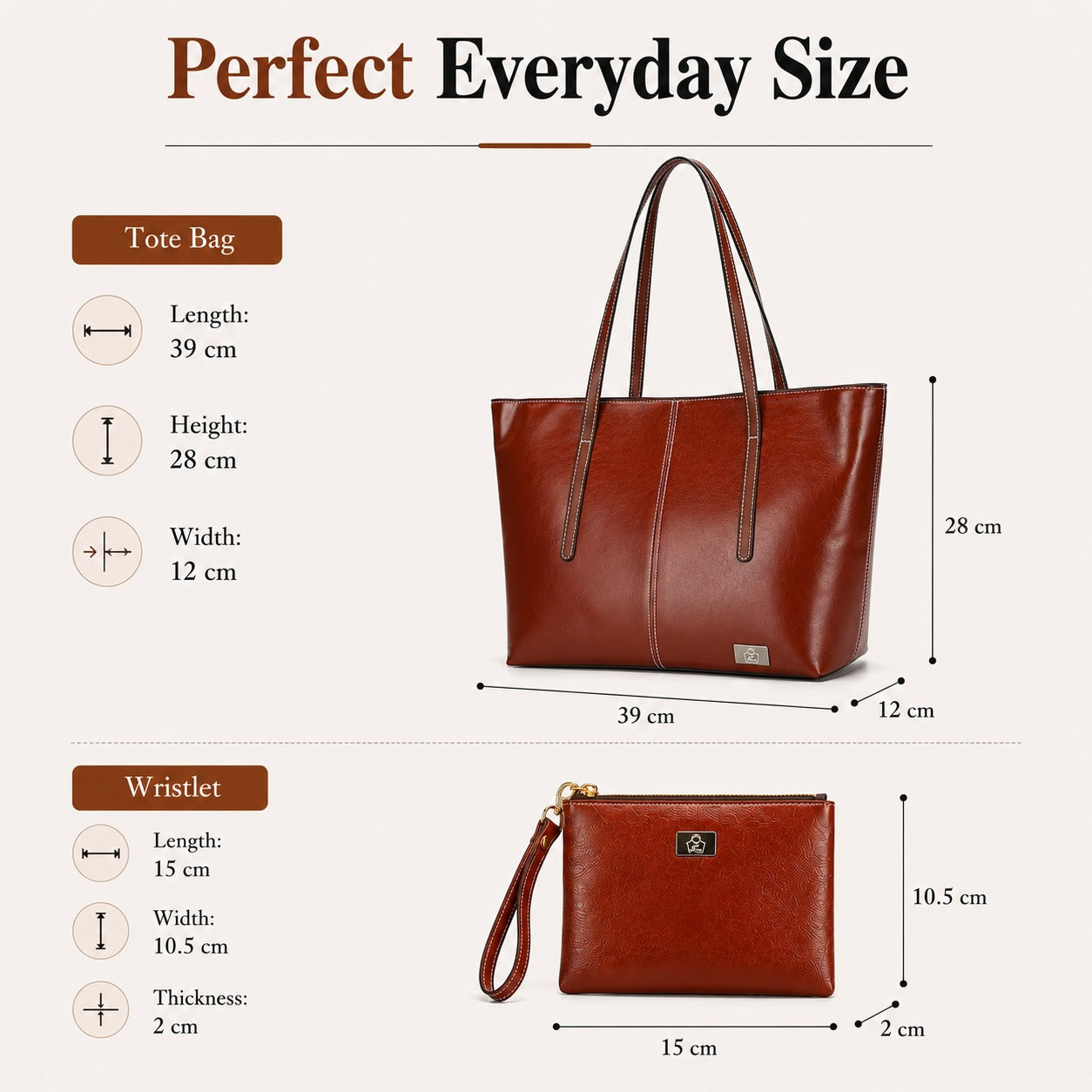 SACLASSY Premium Genuine Leather Shoulder Tote Bag with Wristlet Pouch 2PCS Set - Brown