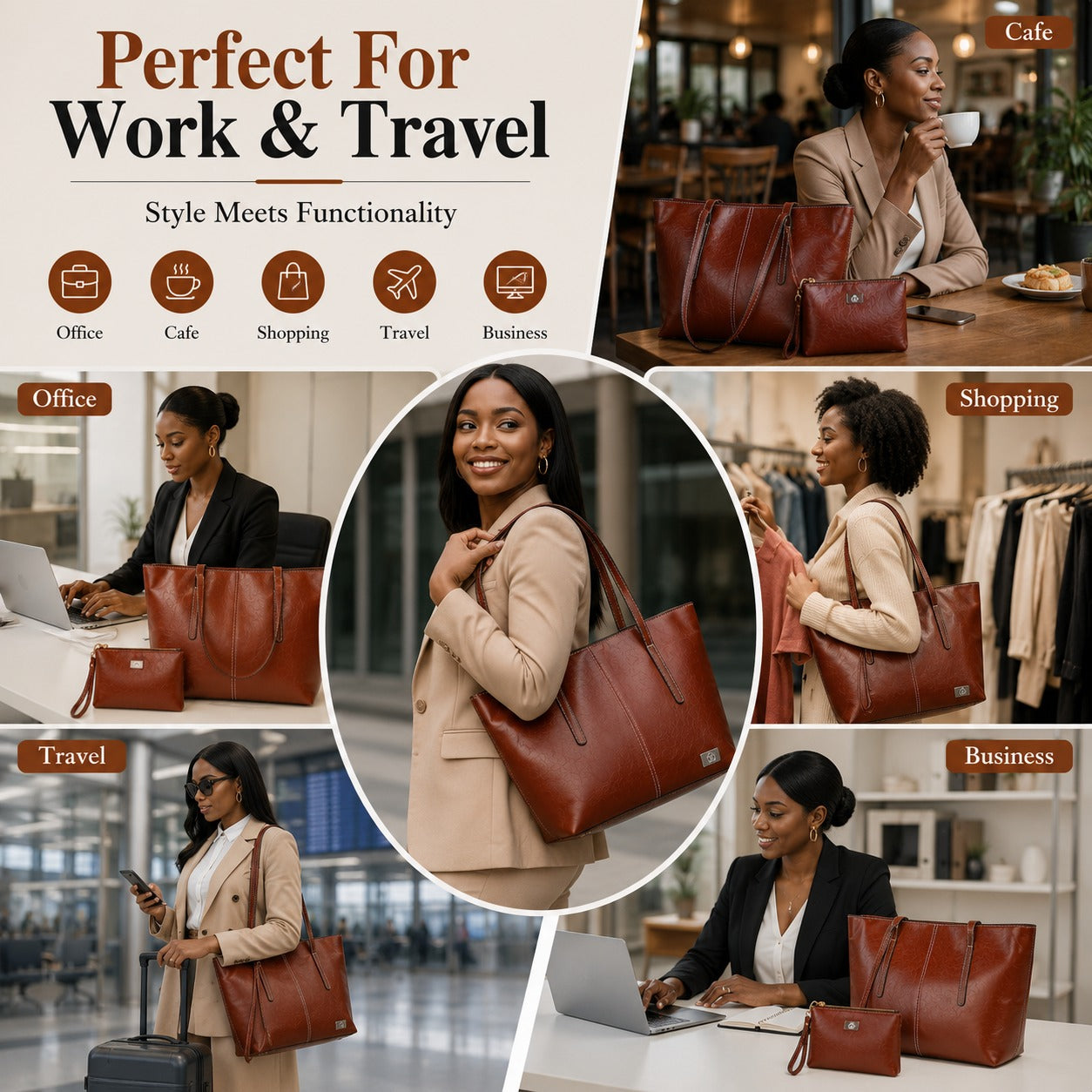 SACLASSY Premium Genuine Leather Shoulder Tote Bag with Wristlet Pouch 2PCS Set - Brown