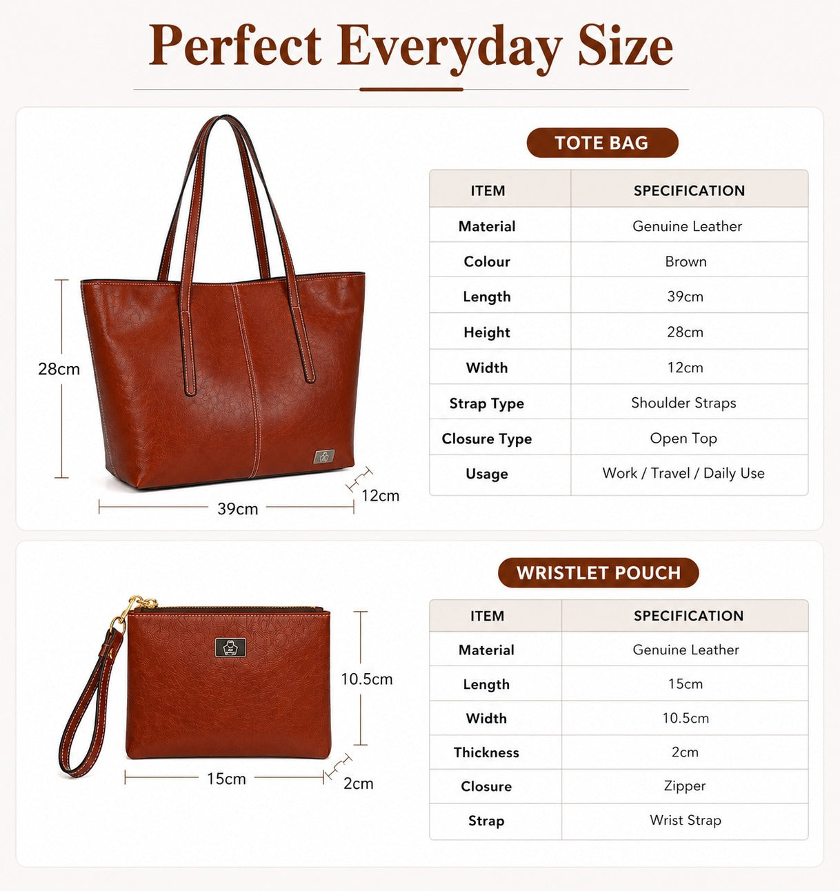 SACLASSY Premium Genuine Leather Shoulder Tote Bag with Wristlet Pouch 2PCS Set - Brown