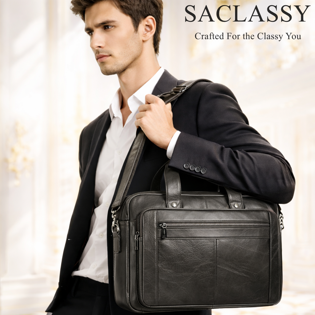 SACLASSY Genuine Leather Briefcase for Men – Premium Laptop Bag with Shoulder Strap, Business Work Bag with Multiple Compartments, Professional Office Messenger Bag 5079