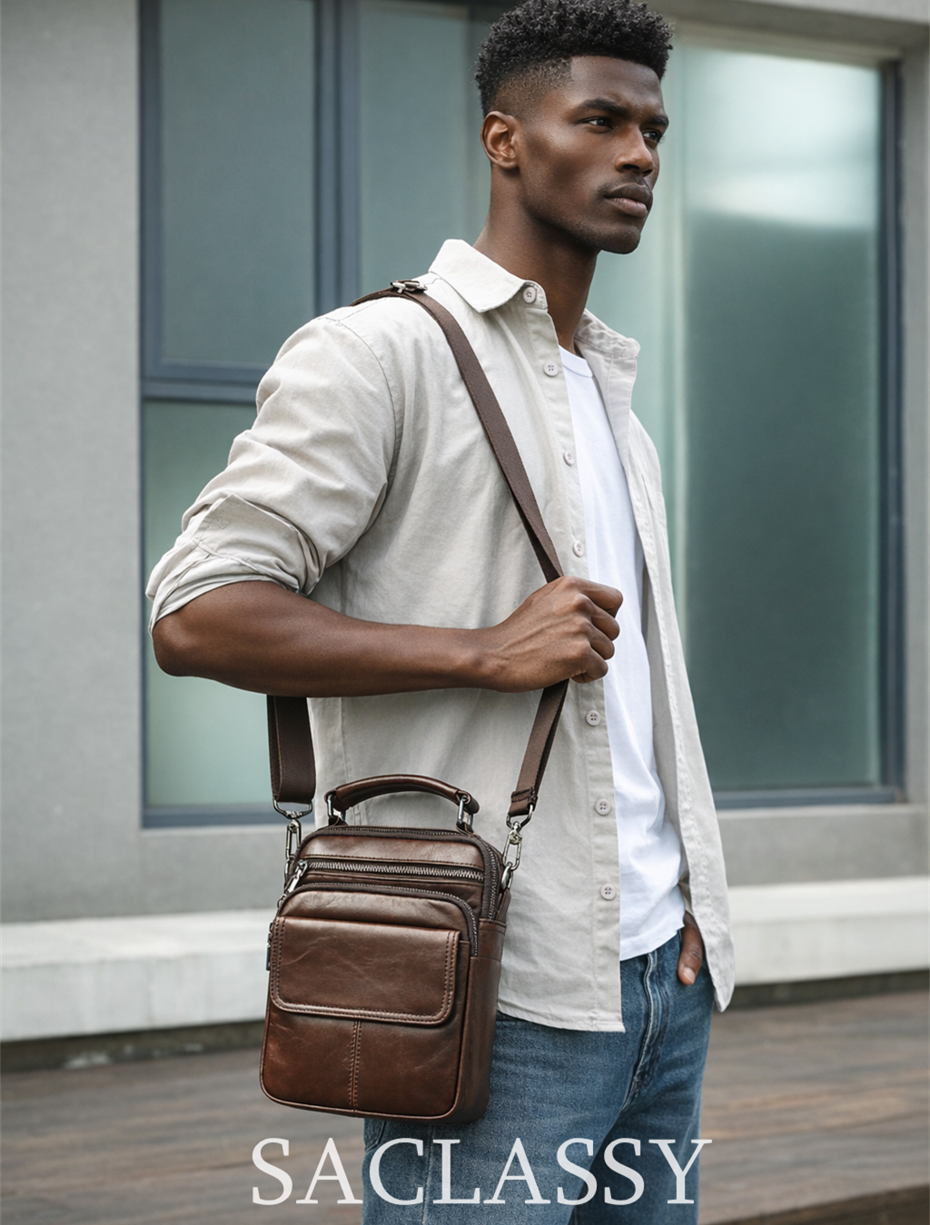 SACLASSY Genuine Leather Crossbody Bag for Men – Compact Shoulder Messenger Bag with Multiple Pockets, Adjustable Strap & Top Handle, Premium Everyday Travel Bag - 6266