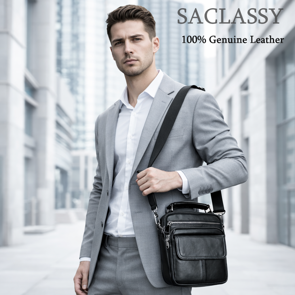 SACLASSY Genuine Leather Crossbody Bag for Men – Compact Shoulder Messenger Bag with Multiple Pockets, Adjustable Strap & Top Handle, Premium Everyday Travel Bag - 6266