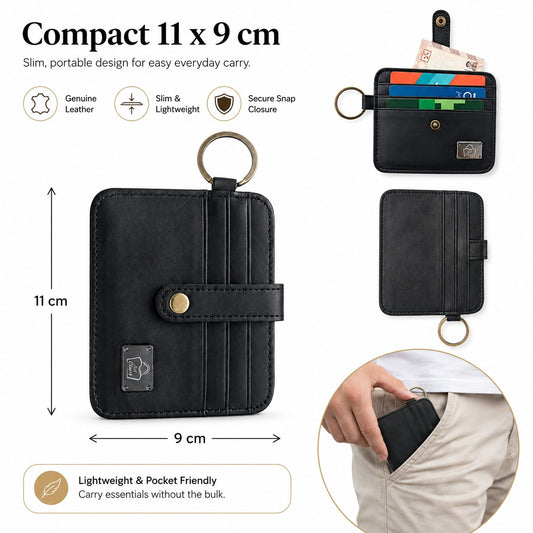 Genuine Leather Card Holder Wallet with Key Ring, 7-Compartment Compact ID & Bank Card Holder, Snap Closure, Front & Back Card Slots, Portable Mini Wallet, 11 x 9 cm, Black