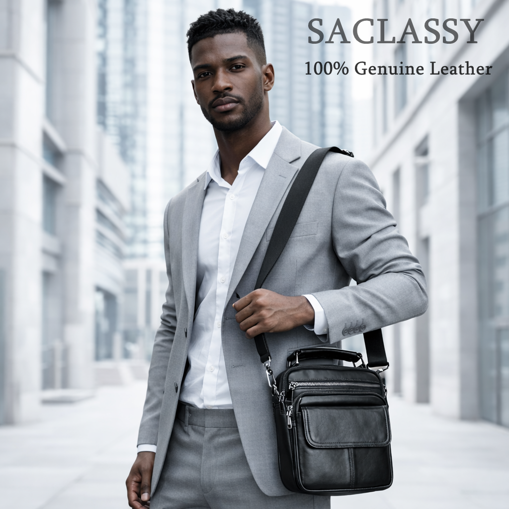 SACLASSY Genuine Leather Crossbody Bag for Men – Compact Shoulder Messenger Bag with Multiple Pockets, Adjustable Strap & Top Handle, Premium Everyday Travel Bag - 6266