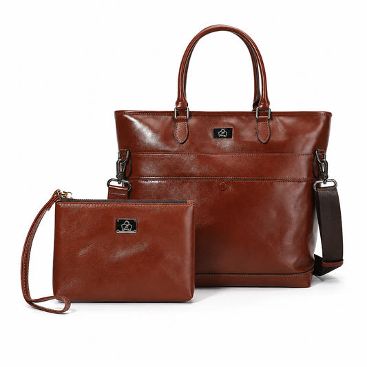 2 Piece Handbag Set - SACLASSY Genuine Leather Tote Bag with Matching Wristlet Pouch 7792