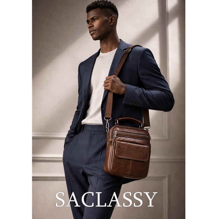 SACLASSY Genuine Leather Crossbody Bag for Men – Compact Shoulder Messenger Bag with Multiple Pockets, Adjustable Strap & Top Handle, Premium Everyday Travel Bag - 6266