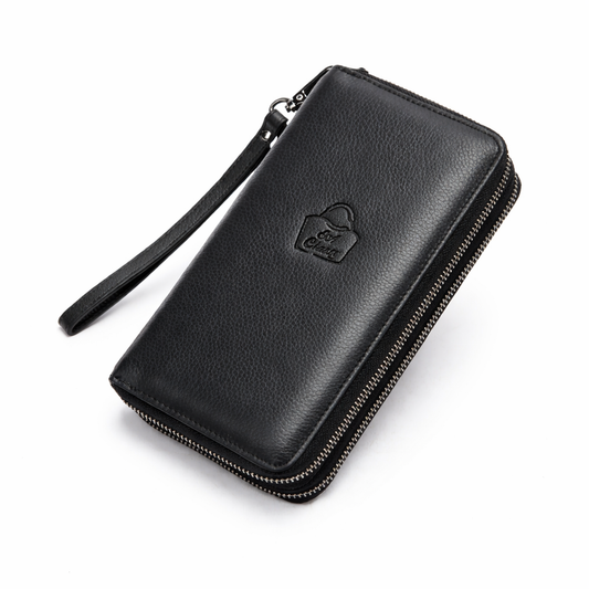 Genuine Leather Double Zip Around Wallet – Large Capacity RFID Blocking Wristlet Wallet for Men & Women, Multi-Card Organizer with Coin Pocket and Phone Compartment