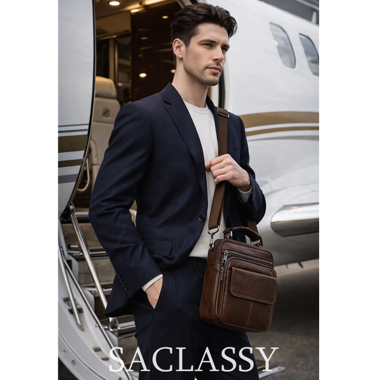 SACLASSY Genuine Leather Crossbody Bag for Men – Compact Shoulder Messenger Bag with Multiple Pockets, Adjustable Strap & Top Handle, Premium Everyday Travel Bag - 6266