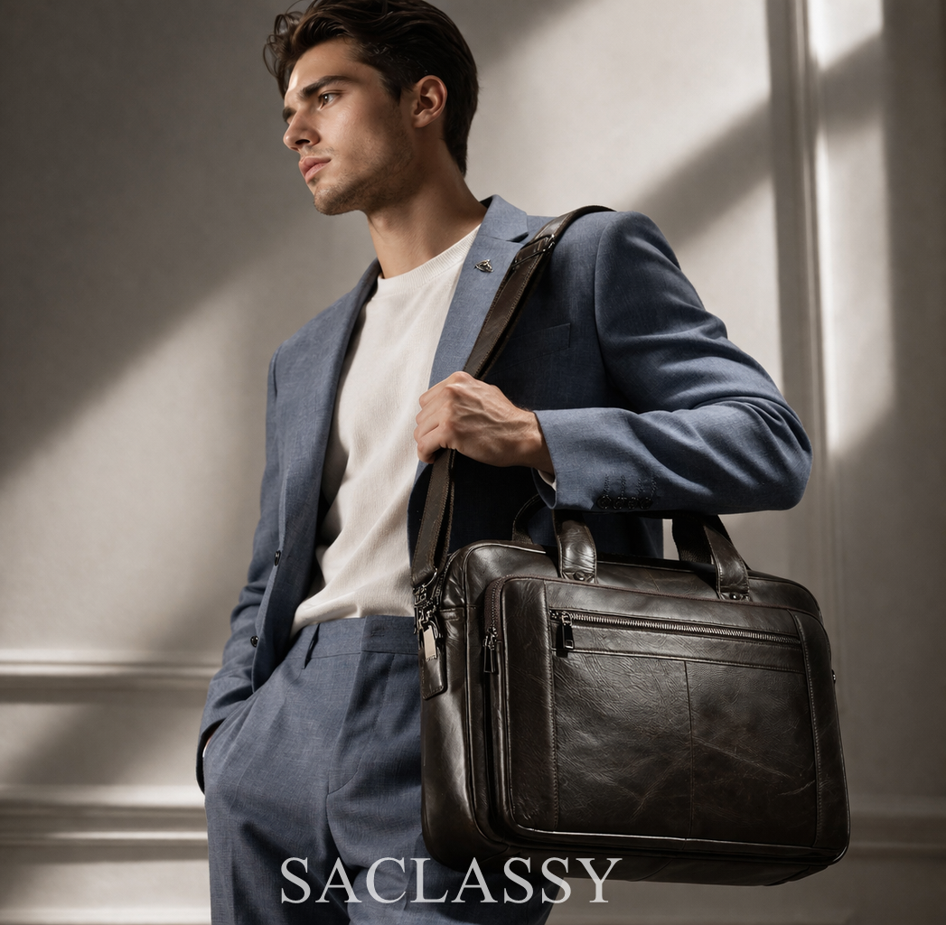SACLASSY Genuine Leather Briefcase for Men – Premium Laptop Bag with Shoulder Strap, Business Work Bag with Multiple Compartments, Professional Office Messenger Bag 5079