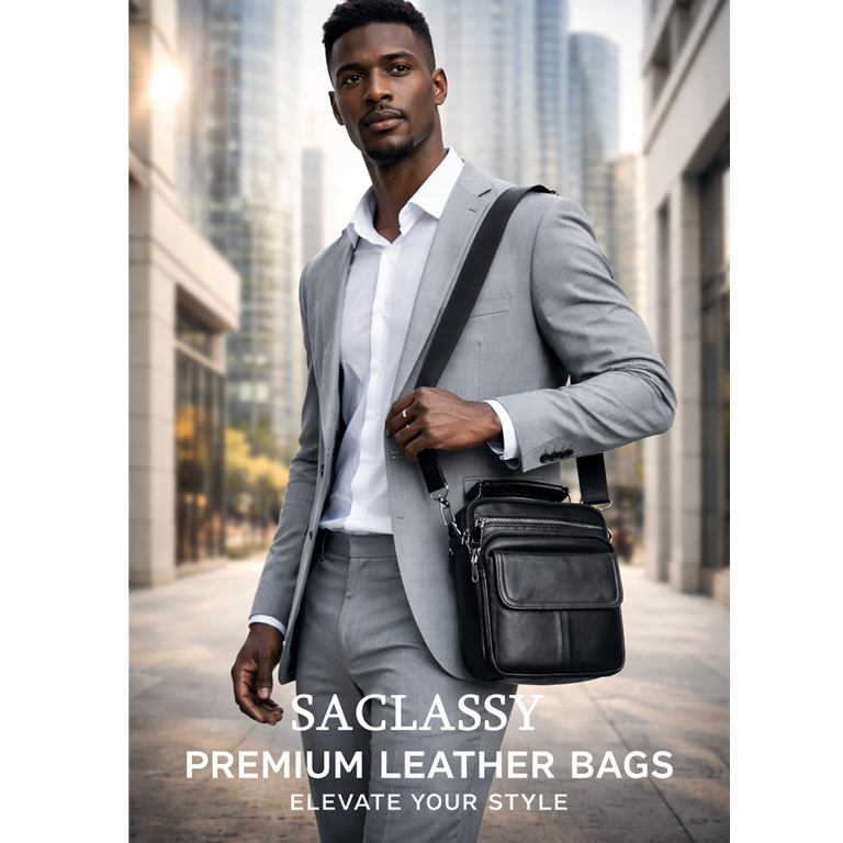 SACLASSY Genuine Leather Crossbody Bag for Men – Compact Shoulder Messenger Bag with Multiple Pockets, Adjustable Strap & Top Handle, Premium Everyday Travel Bag - 6266