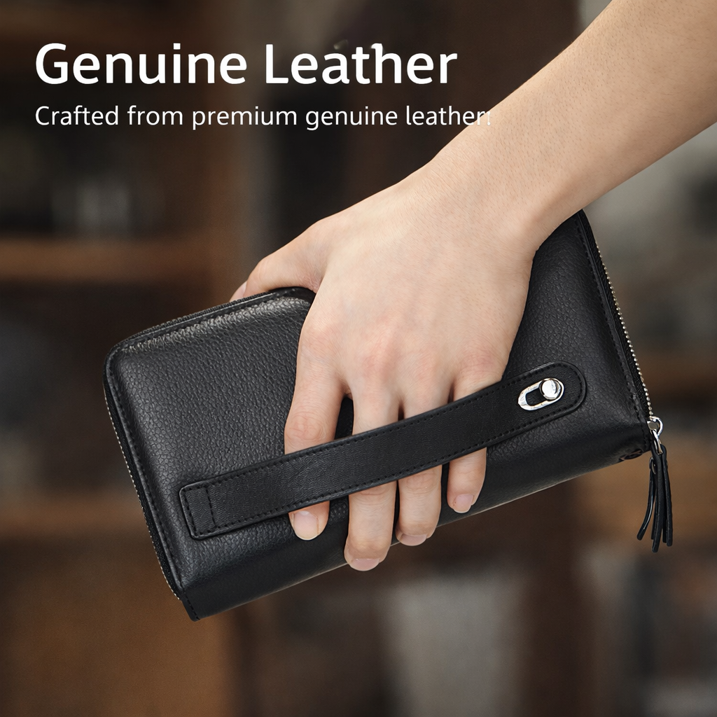 Genuine Leather Double Zip Around Wallet – Large Capacity RFID Blocking Wristlet Wallet for Men & Women, Multi-Card Organizer with Coin Pocket and Phone Compartment