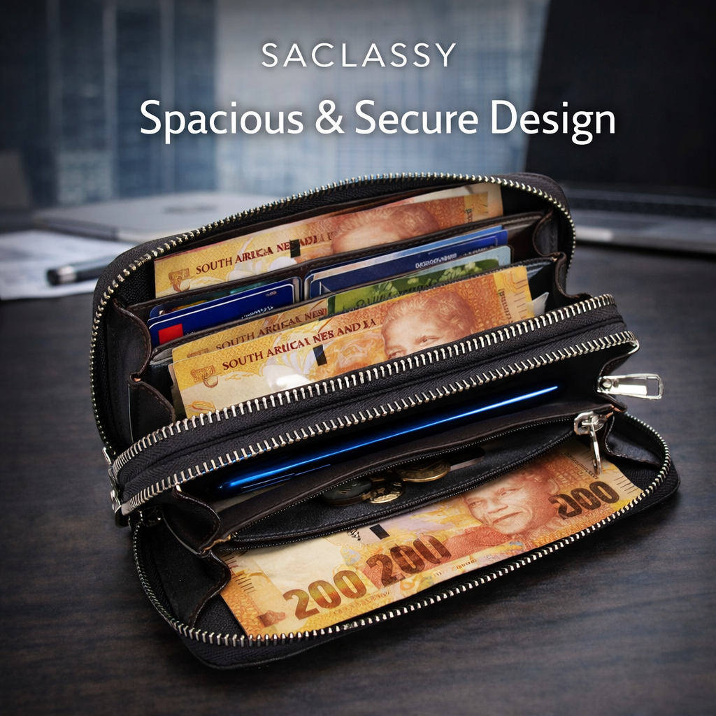 SACLASSY Genuine Leather Double Zip Wallet – Premium Large Capacity Wristlet Organizer for Men & Women, Multi-Card Holder with Cash Compartments, Phone Pocket and Coin Zipper