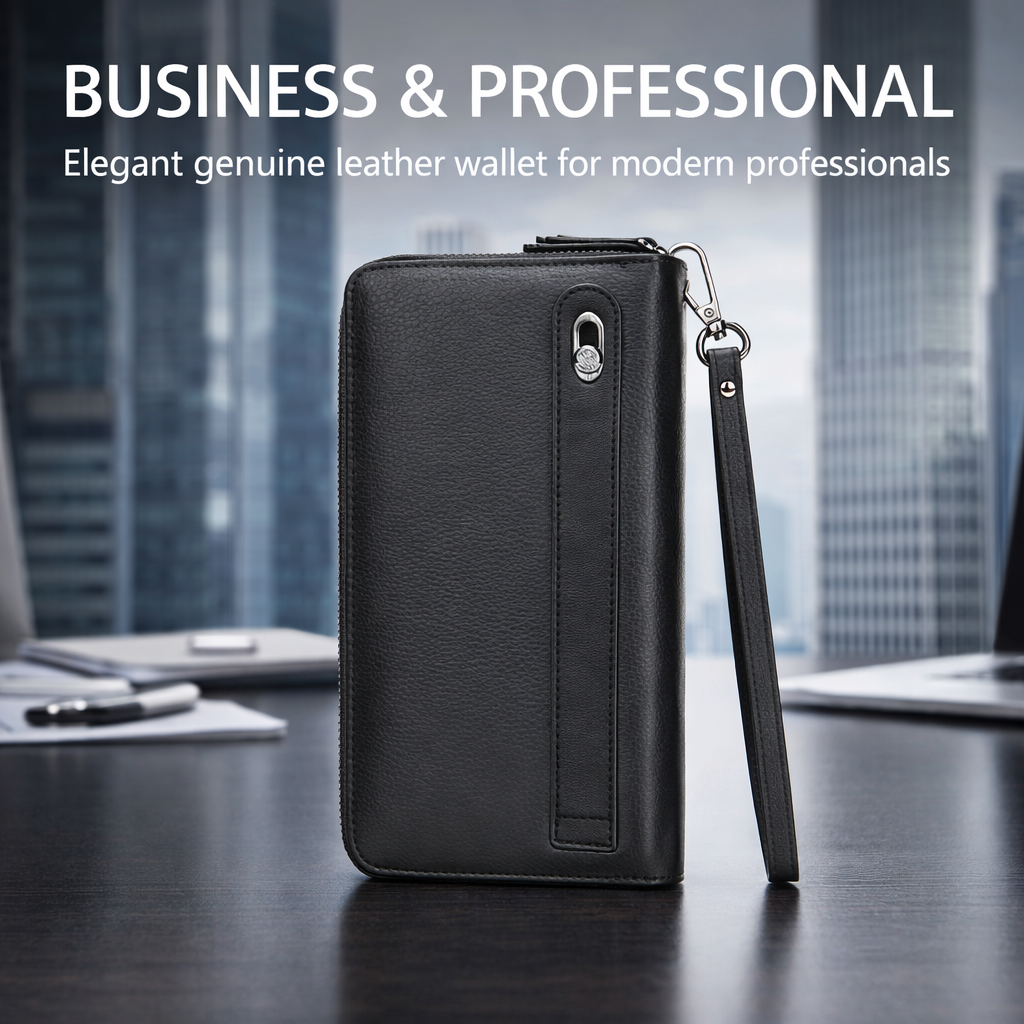 Genuine Leather Double Zip Around Wallet – Large Capacity RFID Blocking Wristlet Wallet for Men & Women, Multi-Card Organizer with Coin Pocket and Phone Compartment