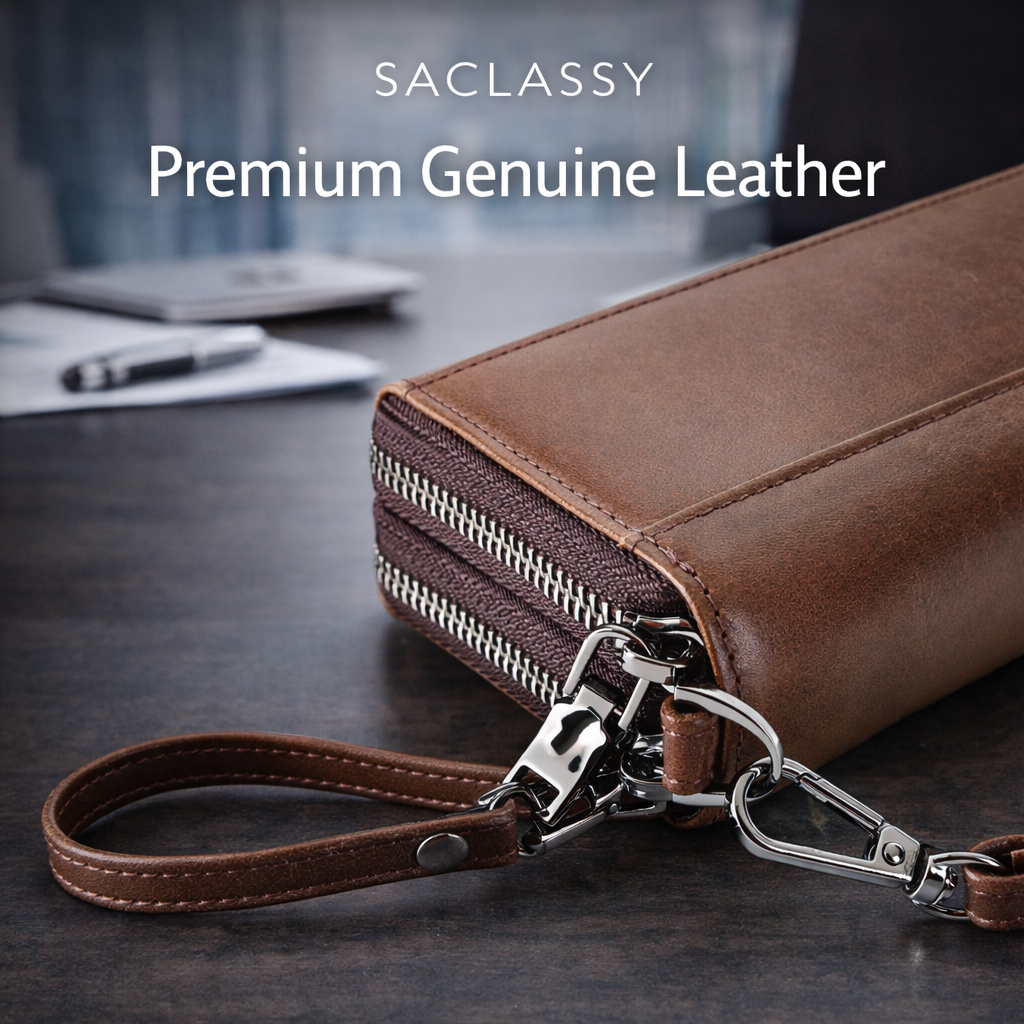 SACLASSY Genuine Leather Double Zip Wallet – Premium Large Capacity Wristlet Organizer for Men & Women, Multi-Card Holder with Cash Compartments, Phone Pocket and Coin Zipper